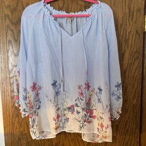 Como Vintage Light Blue Striped Peasant Top with Floral Border